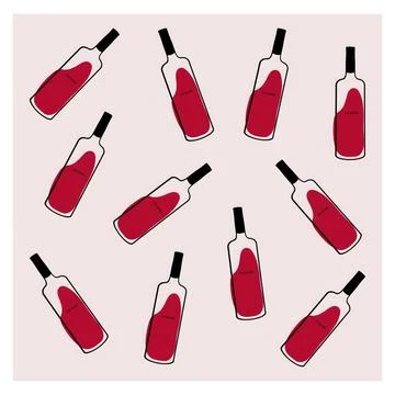 Pattern of wine bottles with red liquid on a light background, showcasing a Stock Illustration