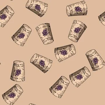 Pattern Wine cork with grape bunch drawing illustration Stock Illustration