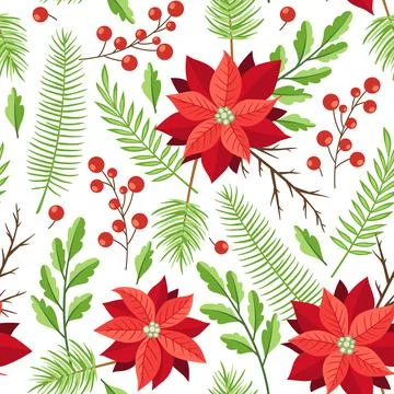 Pattern with winter evergreen plants and red flowers. Stock Illustration