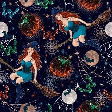 Pattern with witch on broom, halloween symbols Stock Illustration