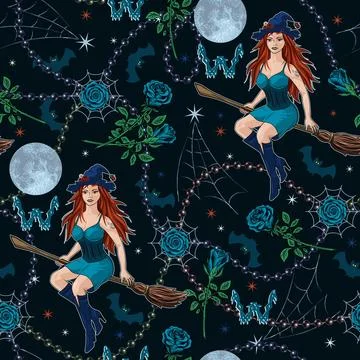 Pattern with witch on broom, halloween symbols Stock Illustration