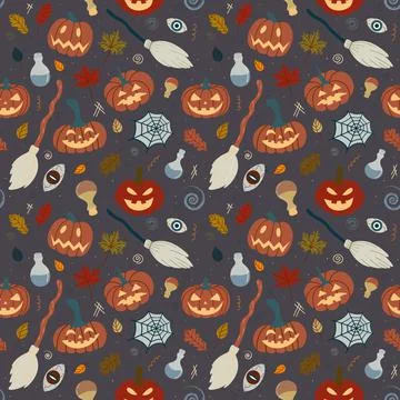 Pattern with witchcraft attributes spiders,broom Illustrazione stock
