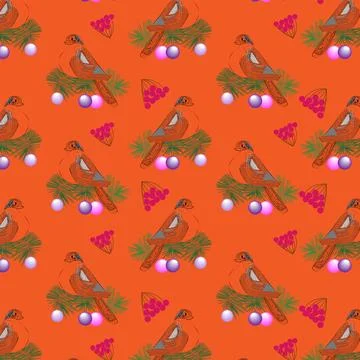 Pattern without background birds bullfinches red berries rowan Stock Illustration