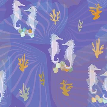 A pattern without a background of colorful seashells and seahorses Stock Illustration