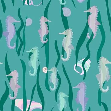 A pattern without a background of colorful seashells and seahorses Stock Illustration