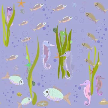 A pattern without a background of colorful seashells and seahorses Stock Illustration