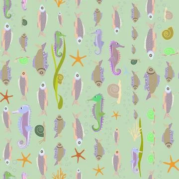 A pattern without a background of colorful seashells and seahorses 库存插图