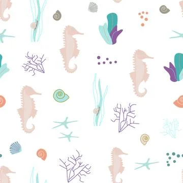 A pattern without a background of colorful seashells and seahorses Illustrazione stock
