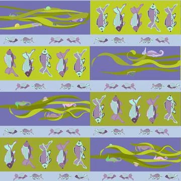 A pattern without a background with the image of colorful fish and seahorses  Illustrazione stock