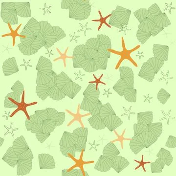 A pattern without a background of light green shells and orange starfish Stock Illustration