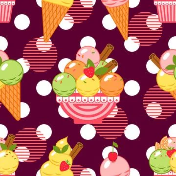 Pattern witn big polka dot ornament, ice cream Stock Illustration