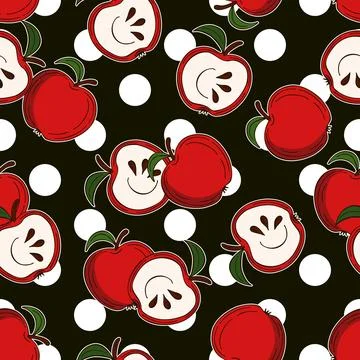 Pattern witn big polka dot ornament, red apples Stock Illustration