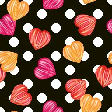 Pattern witn big polka dot ornament, hearts Stock Illustration