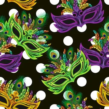 Pattern witn polka dot ornament, masquerade masks Stock Illustration