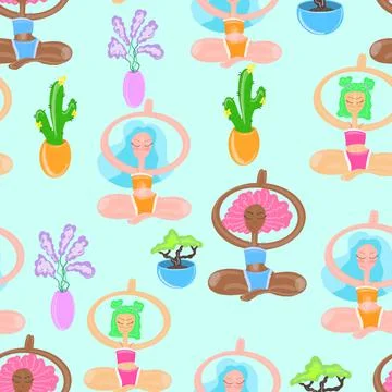 Pattern with women practicing yoga. Hand drawn flat coloured seamless pattern Stock Illustration
