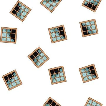 Pattern Wooden window frame with broken glass panes Ilustración de archivo