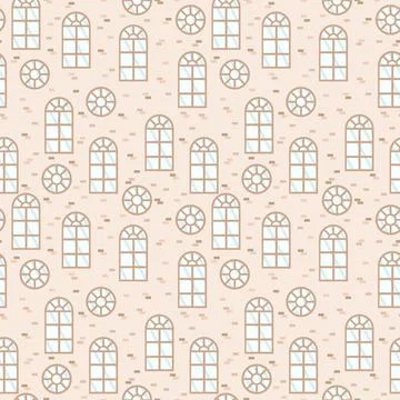 Pattern with wooden window frames. The windows are round, arched, with glass on イラスト素材