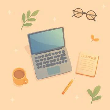Pattern work desk with laptop, coffee, glasses and planner on wooden table Stock Illustration
