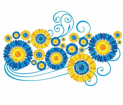 Pattern of yellow  and blue sunflowers on a white background Stock Illustration