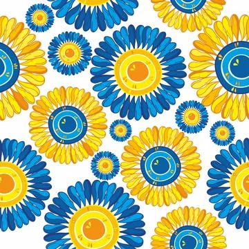 Pattern of yellow  and blue sunflowers on a white background Stock Illustration