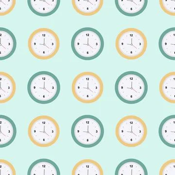 A pattern of yellow and green clocks on a light background Stock Illustration