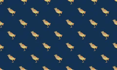 Pattern of yellow and purple birds flying on dark blue background Stock Illustration
