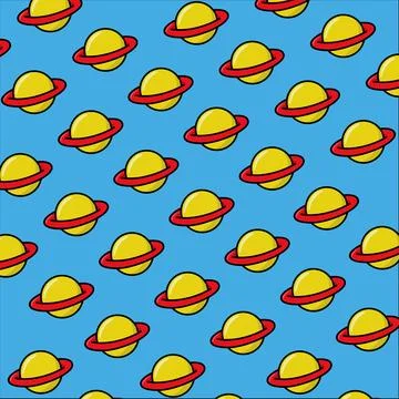 A pattern with yellow and red planets on a blue background. Planet ini the blue  Stock Illustration