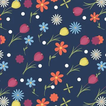 Pattern of yellow and red tulips, daisies and daisies Stock Illustration