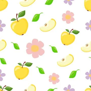 Pattern of yellow apples with green leaves. Whole fruits and slices, with pink Stock Illustration