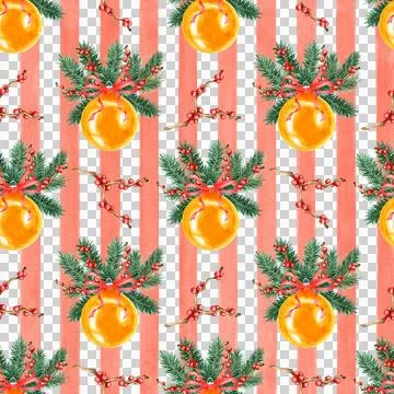 Pattern yellow ball with fir branches on a striped background Stock Illustration