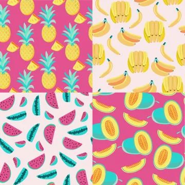 Pattern with yellow bananas, pineapples and juicy melon and watermelon Stock Illustration