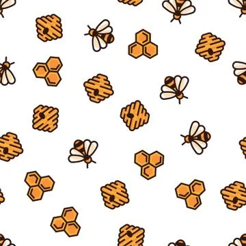 Pattern yellow bee, bee hive and honeycomb on white background. Seamless Stock Illustration