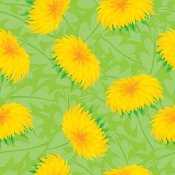 Pattern of yellow dandelions on a green background, vector illustration, Stock Illustration
