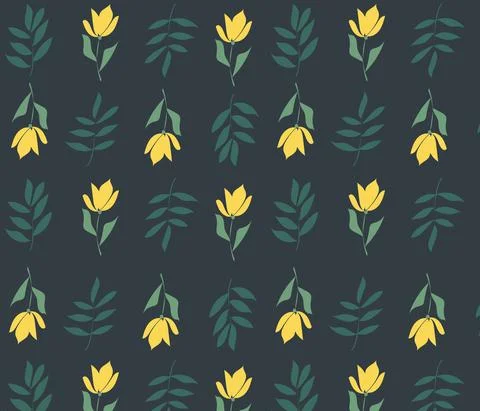 Pattern of yellow flowers and palm branches on a dark green background, vector Stock Illustration