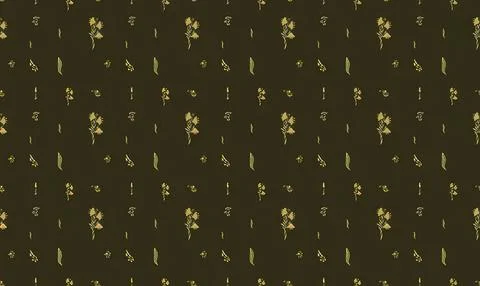 Pattern of yellow flowers with green leaves on dark background Stock Illustration