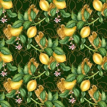 Pattern of yellow lemons and paint strokes on a green background in watercolo Stock Illustration