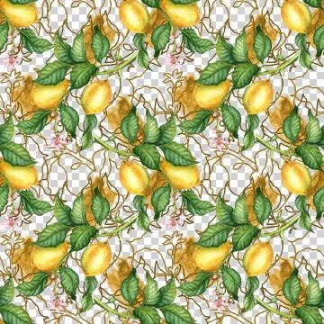 Pattern of yellow lemons brown lines and paint strokes in watercolor Stock Illustration