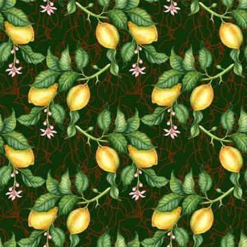 Pattern of yellow lemons on a green background in watercolor Stock Illustration