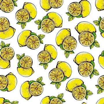 Pattern with yellow lemons, whole and sliced Stock Illustration
