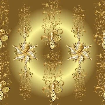 Pattern on yellow, neutral and brown colors. Ornamental floral elements with hen Illustrazione stock