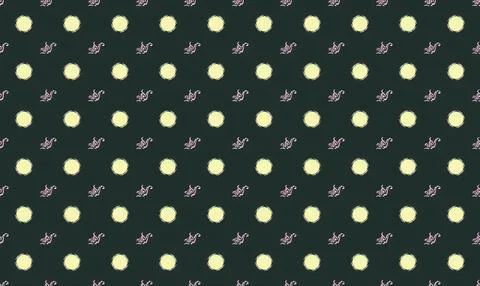 Pattern of yellow polka dots and small white flowers on dark background Stock Illustration