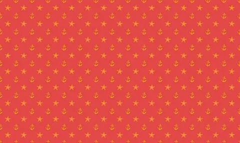 Pattern of yellow starfish and anchors on red background Stock Illustration