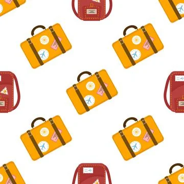 A pattern of a yellow suitcase and a red backpack for web design Stock Illustration