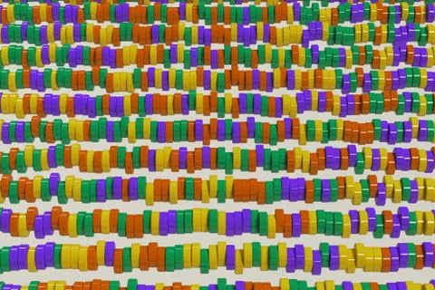 Pattern of yellow, violet and green cylinder tablets on white background Illustrazione stock