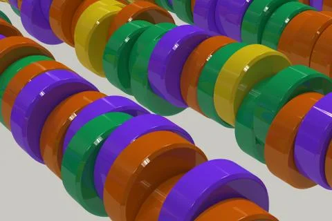 Pattern of yellow, violet and green cylinder tablets on white background Stock Illustration