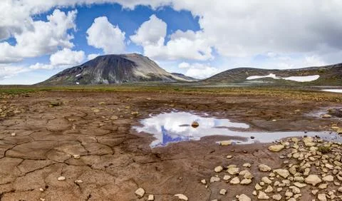 Patternd ground with mud cracks in beautiful primordial icelandic landscape Stock Photos
