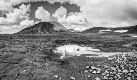Patternd ground with mud cracks in beautiful primordial icelandic landscape Stock Photos