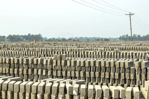Patterned Brick Field  Traditional Brick Drying Area in Rural Bangladesh Stock Photos