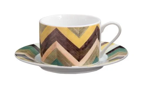 Patterned Caffe Cup and Saucer on White Background Stock Photos