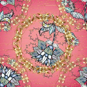 Patterned carpet with a border frame. Illustration on pink, brown and neutral co Stock Illustration